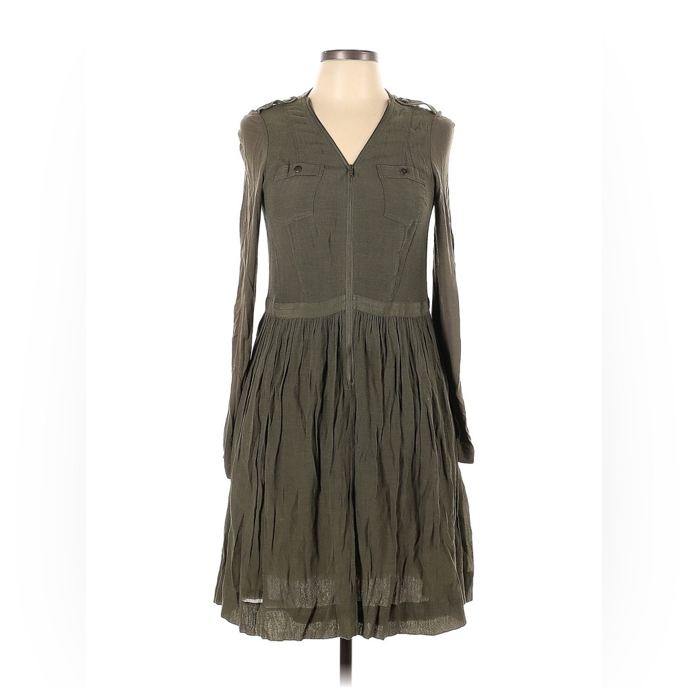 Anthropologie Army Green A-Line Long Sleeve Dress with Pockets by Parameter